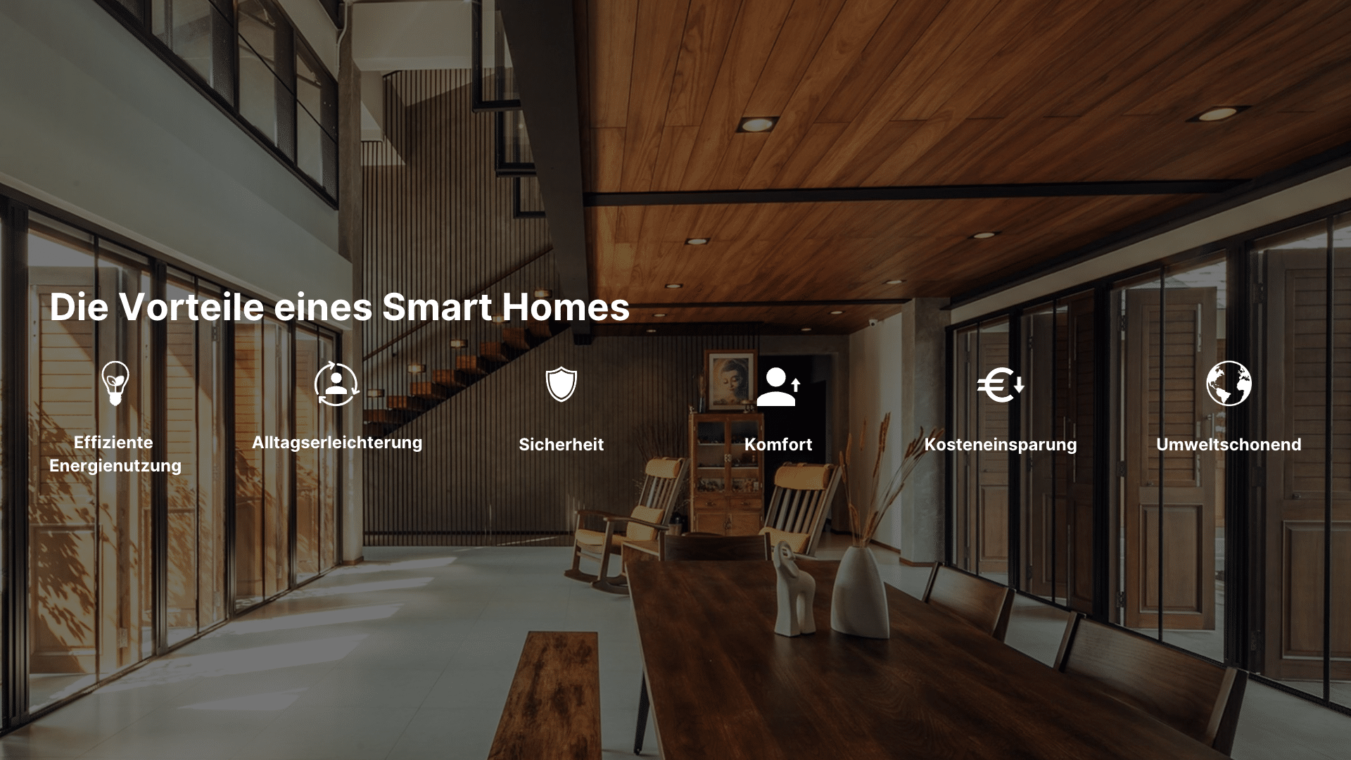 Ein Smart Home bietet folgende Vorteile: Effiziente Energienutzung, Alltagserleichterung, Sicherheit, Komfort, Kosteneinsparung, umweltschonend